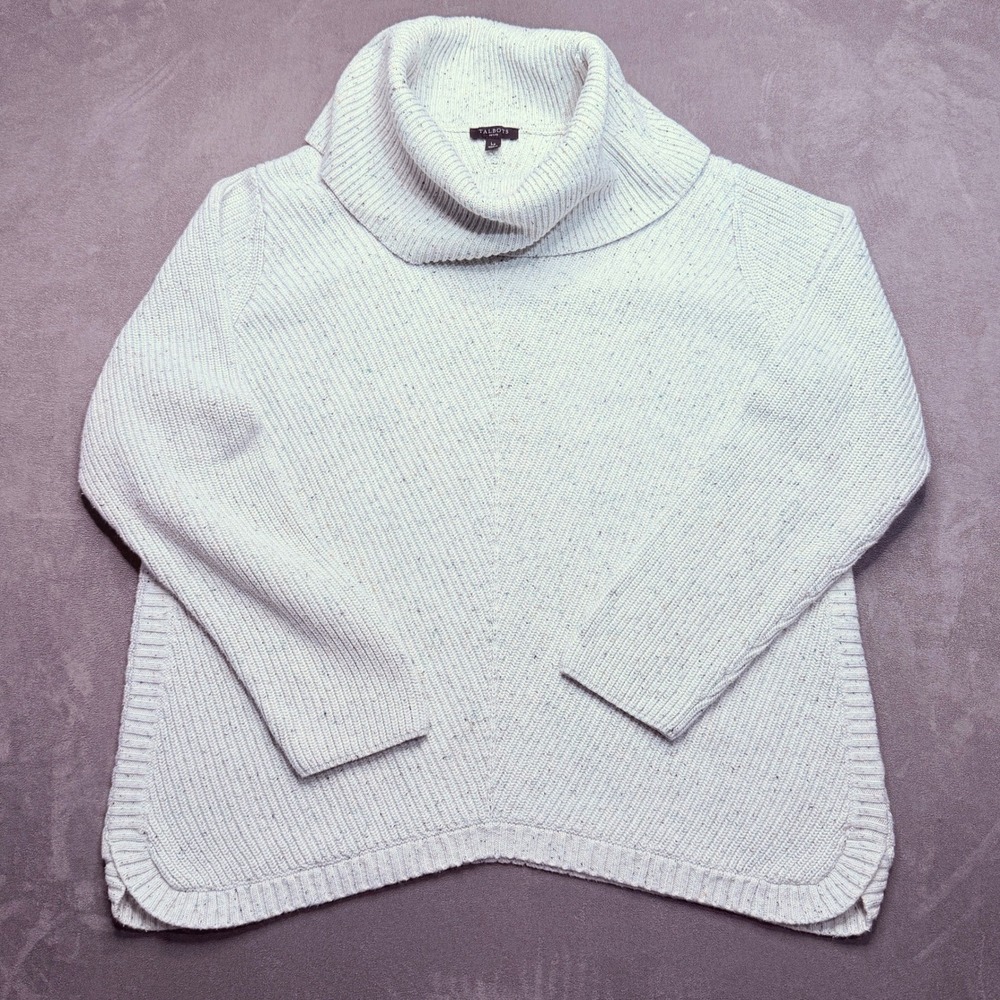 Talbots Sweater Womens Sz L White Speckled Cowl Neck Ribbed Knit Cotton Petite